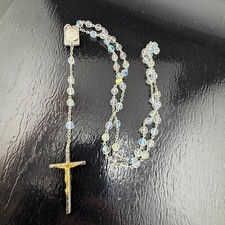 Vintage Estate Rosary Clear Aurora Borealis Glass Beaded Relic Italy 32
