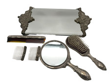Vintage 6 Piece Vanity Tray Comb Brush Handheld Mirror Berets Set picture