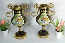 PAIR  cobalt blue limoges decor  porcelain Vases romantic decors picture