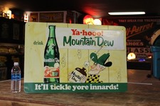 SCARCE 1960s MOUNTAIN DEW YA-HOO HILLBILLY EMBOSSED PAINTED METAL DEALER SIGN picture