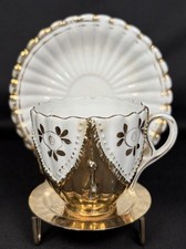VTG ATQ German Demitasse Gold & White Porcelain Cup & Saucer Set picture