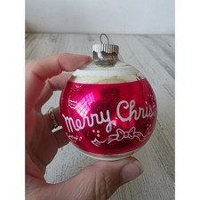 Vintage shiny Brite Merry Christmas stencil pink glass ornament Xmas tree picture