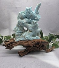 Large Hemimorphite Owl Family Carving on Natural Wood Root Stand, Blue Crystal  picture