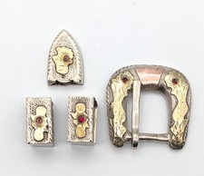 Vintage 1950s Western 4-Piece Ranger Buckle Set Gold Tone Appliques w/Red Stones picture