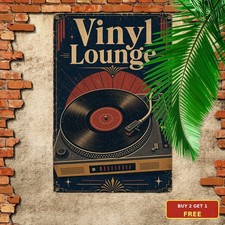 Turntable Illustration Distressed Border Vinyl Music Retro Metal Plaque picture