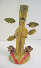 Vtg Folk Art TREE of LIFE  Pottery Candelabra Candlestick  8 1/2