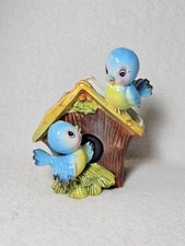 Vintage Norcrest Anthropomorphic Blue Birds On Birdhouse Ceramic Planter Japan picture
