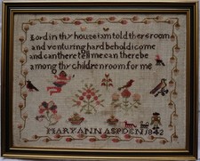 SMALL EARLY/MID  19TH CENTURY MOTIF & VERSE SAMPLER BY MARY ANN ASPDEN - 1842 picture