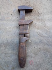 Antique Vintage Adjustable Pipe Monkey Wrench 10.125” Wood Handle picture