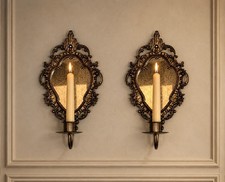2 Antique Bronze Ornate Metal Baroque Style Mirrored Wall Sconce Candle Holder picture