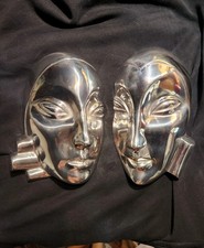 Pair Vintage Art Deco Marcel Avond 1934 Style Metal Wall Mask Plaques Set picture