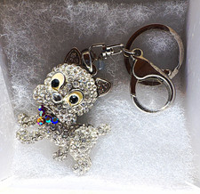 Silver Tone Metal Rhinestone Dog Keychain w/ Detachable Keyring, Animal Theme picture