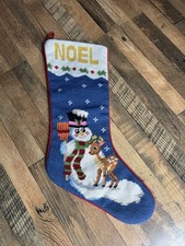 VTG Hand Wool Needlepoint Christmas Stocking Noel Snowman Reindeer Flannel Back picture