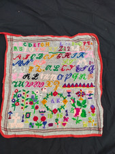 Vintage Hand Stitched Alphabet Sampler Numbers Floral Wreath Textile Folk Art picture