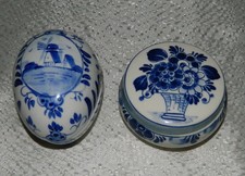Delft Blue Hand Painted Ceramic Trinket Boxes Lot of 2 Windmill Floral Vintage picture