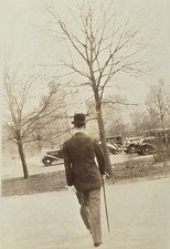 Vintage Late 1920s Man Bowler Hat Cane Walking Suit Classic Cars Street Photo picture