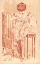 French Artist Drawn Heilly Risque La Luce Girl Dressing Vintage Postcard picture