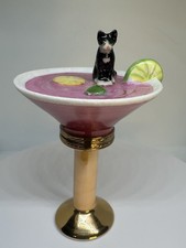 Limoges Trinket Box Tuxedo Cat Pink Martini Cocktail Glass Pierre Arquie 29/750 picture