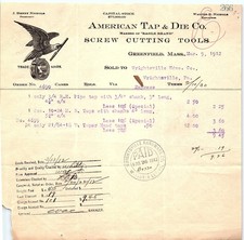 1912 American Tap & Die Co. Screw Cutting Tools billhead picture