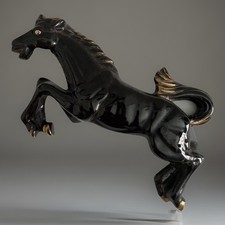 Vintage MCM 3D Ceramic Black Gold Horse Jumping Wall Hanging Plaque 7” picture