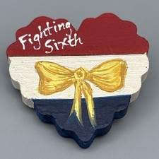 Vintage Fighting Sixth Wood Heart Brooch Pin Hand Painted Yellow Bow Flag 1.75