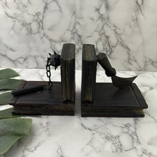 Vintage Medieval Bookends Sword Spike Ball Chain Metal Wood Brown Weapon Fantasy picture