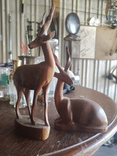 Hand Carved Wooden Gazelle Antelope Deer Statue Folk Art Sculptures Set of 2 picture