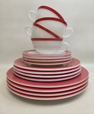 Pyrex Flamingo Coral Band Milk Glass 16 Piece Dish Set 4 Settings MCM Vintage picture