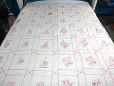 Antique Redwork Embroidered Quilt Coverlet Hand Stitched & Quilted 66x72