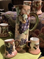 Antique JPL Jean Pouyat Limoges France Tankard Pitcher Grapes Hand Paint 5 Cups picture