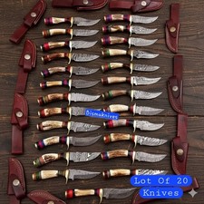 Lot of 20 Custom Handmade Damascus Steel Knives with STAG HORN Handle W Sheath picture