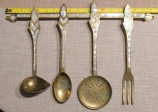 Handmade Brass hanging 4 Piece Serving Utensils w/ Mother Of Pearl Accent India picture