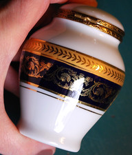 Vtg LIMOGES France Porcelain Hinged Lid TRINKET JAR Midnight Blue GOLD THISTLES picture