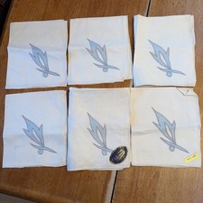 Vintage Set Of Six Blue Leaf Appliqué Embroidered 100% Irish Linen Napkins. NOS picture
