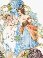 ANTIQUE VICTORIAN DIE CUT PAPER VALENTINE CHERUB ANGEL FLOWERS FANCY FRAME SHAPE picture