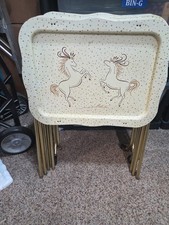 Rare 4 1970's Folding TV Trays Metal Set w/ Prancing Horses Retro Atomic MCM picture
