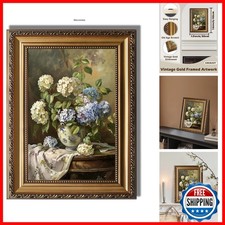 KBKBART Vintage Framed Wall Art Moody Blue White Hydrangeas Canvas 12