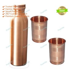 Vintage Pure Copper and 2 Glass Water Plain Bottle Health Ayurveda Leak picture