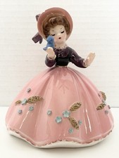Josef Originals Little Pet Series Girl Pink Dress Holding Blue Bird Chip On Hat picture