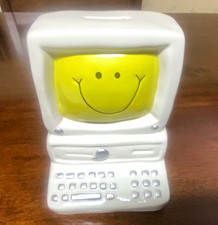 White Ceramic Smiley Face Computer Monitor Piggy Bank Still Bank picture