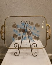 MCM Libbey Glass David Douglas Aqua Gold Pinecone Serving Tray 15