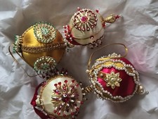 Vintage Push Pin Beaded Sequins Christmas Ornaments Satin Ball Lot Of 4 MCM picture