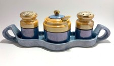 Vintage Japanese Lusterware Condiment Set 1930s Pre-WWII Blue Tan 6pc inc Spoon picture