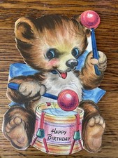 Vintage 1940s Hallmark Adorable Bear Drum Birthday Greeting Card Used Ephemera picture