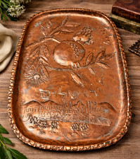 Messica Jewish hammered Copper Tray Wall Art Handmade Israel pomegranates & Bird picture