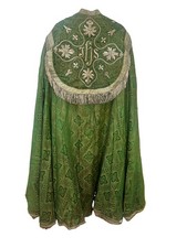 French Antique 1800’s Liturgical Cope,Chasuble. Catholic.Green Silk Damask. Rare picture