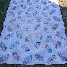VTG 1930s Handmade Grandmother’s Fan Cutter Quilt Scrappy Patchwork 80”x72” picture