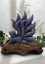 Lepidolite Nine Tailed Fox Kitsune on Natural Wood Base Purple Gemstone Carving picture