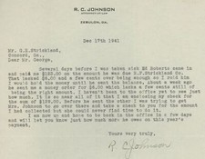 1941 Attorney Letter R.C. Johnson Zebulon, GA Debt Payment R.F. Strickland 393 picture