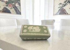 Wedgwood Sage Green Jasperware Rectangular Trinket Box Chariot Cherub Vintage picture